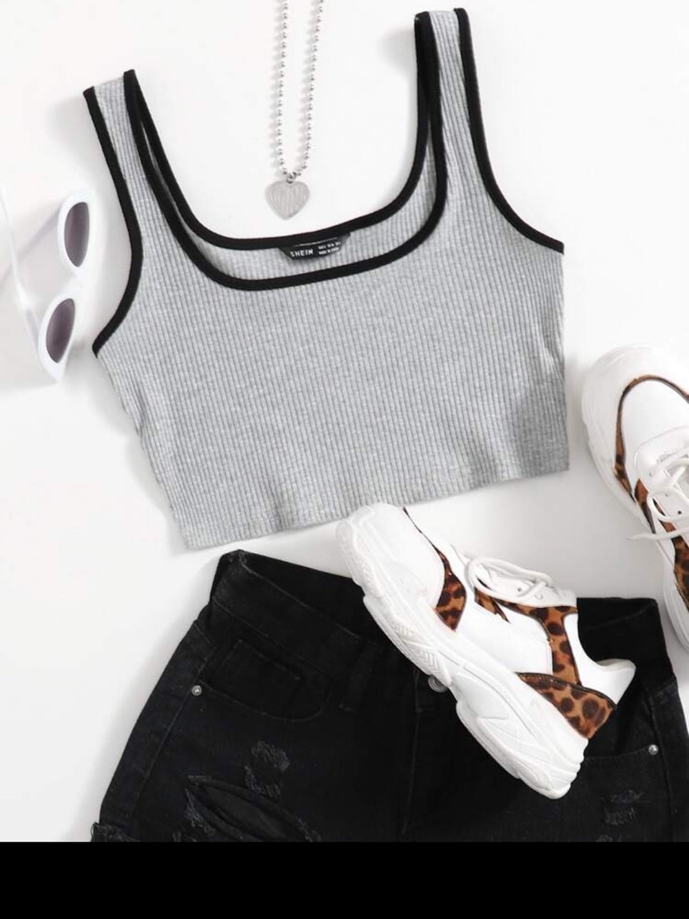 SHEIN Gray Ribbed Crop Tank with Black Trim